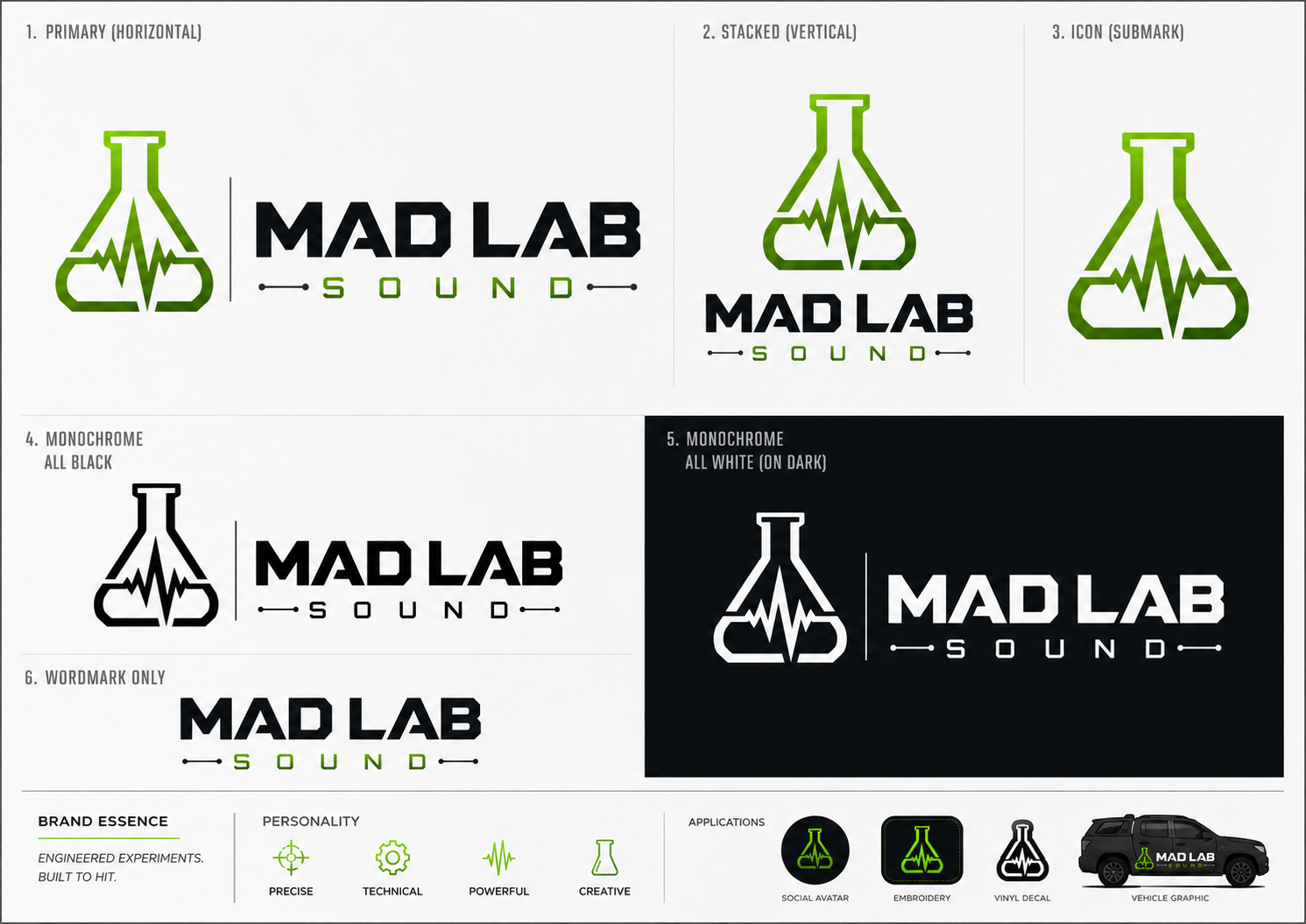 Mad Lab Sound brand direction — primary, stacked, icon, monochrome, and application variants