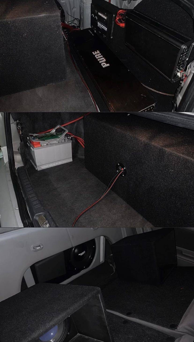 Three-panel process shot — amp install, battery bank, finished sub setup