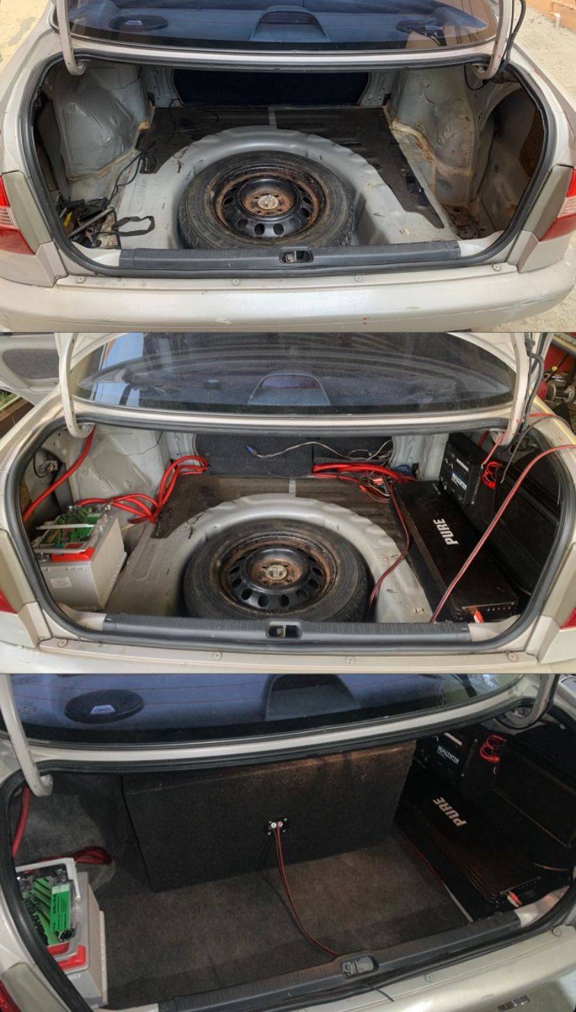 Three-panel progression — stock sedan trunk, wiring, finished install